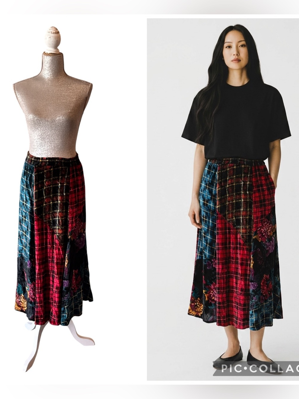 Vintage Carole Little Velvet Patchwork Plaid Floral Midi Skirt Blk Multi Size L
